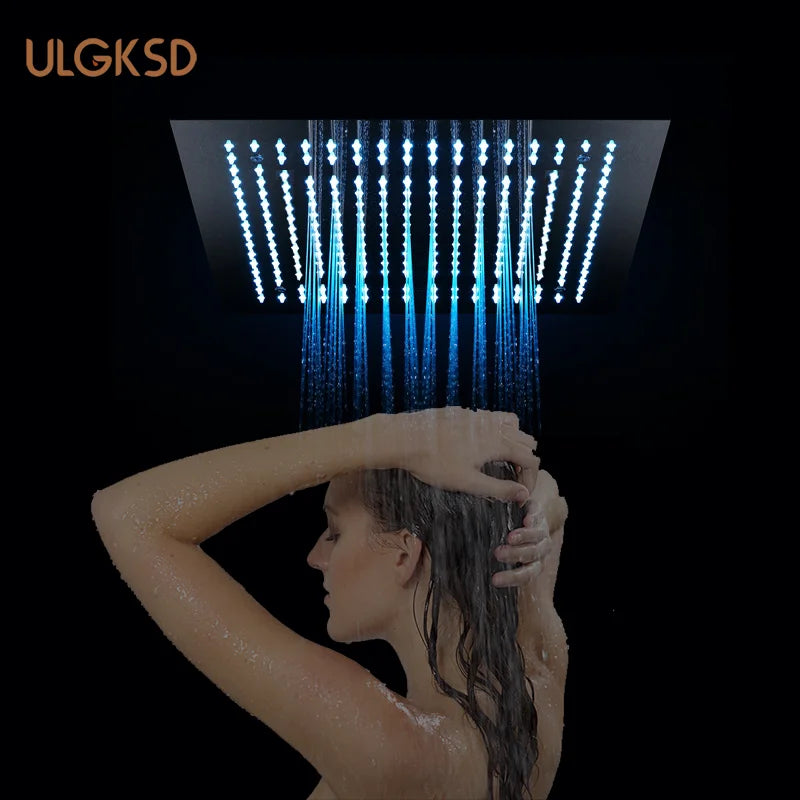 Chrome Bathroom 16inch Large Rainfall Shower Faucet LED Spray Wall Mounted Hot Cold Tap 3 Color Changing Head Home Replace