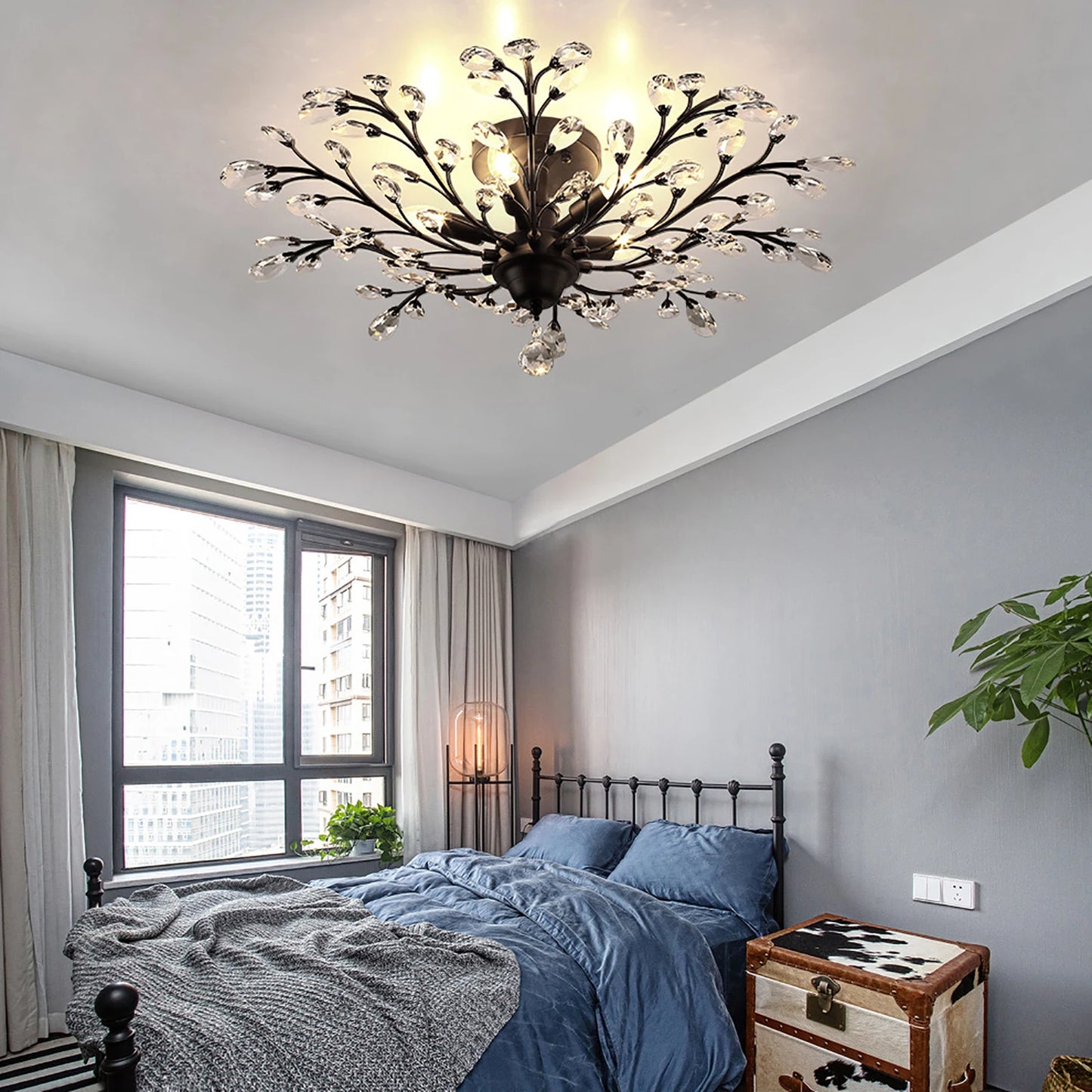 Vintage Crystal Chandelier Ceiling Light, 110V E12 Base LED Ceiling Lamp Fixture, Black Chandelier for Living Room Bedroom Porch