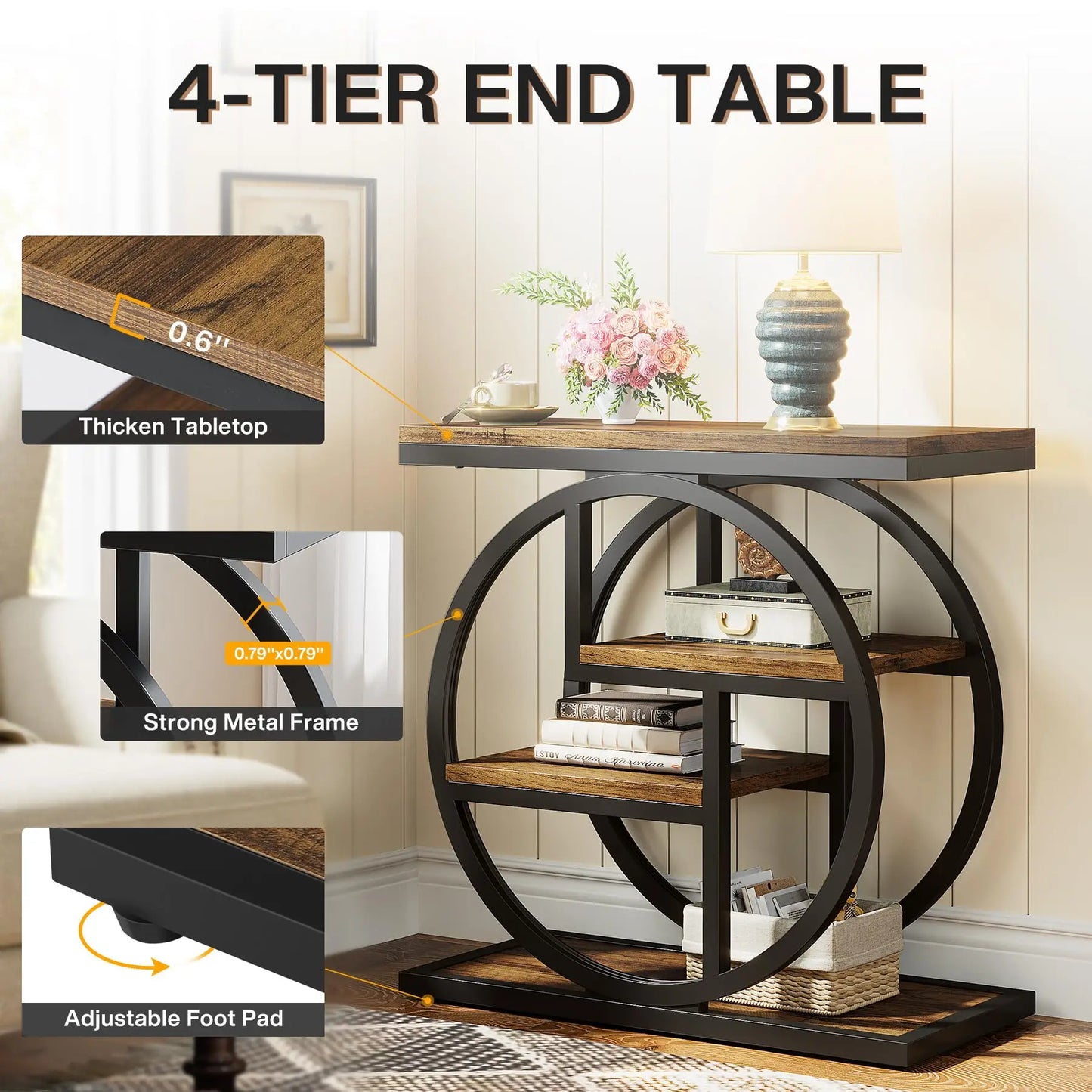 Tribesigns End Table for Living Room, 4-Tier Narrow Side Table with Storage Shelves, Industrial Bedside Table for Bedroom, Wood