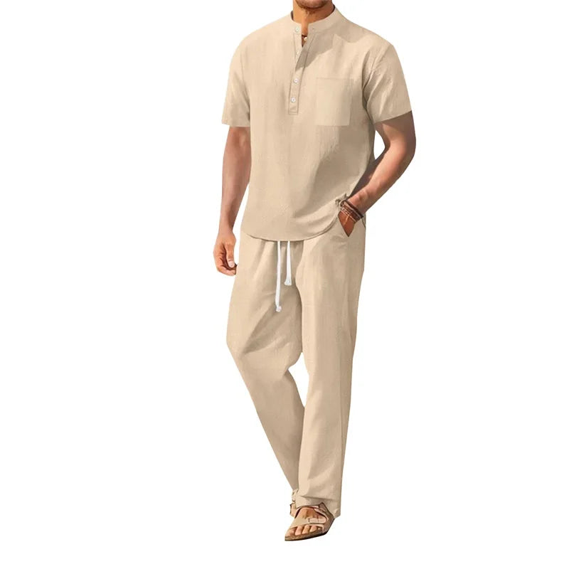 Men's Casual 2 Piece Outfit Short Sleeve Henley Top and Drawstring Pants Set