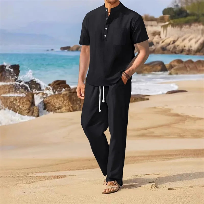 Men's Casual 2 Piece Outfit Short Sleeve Henley Top and Drawstring Pants Set