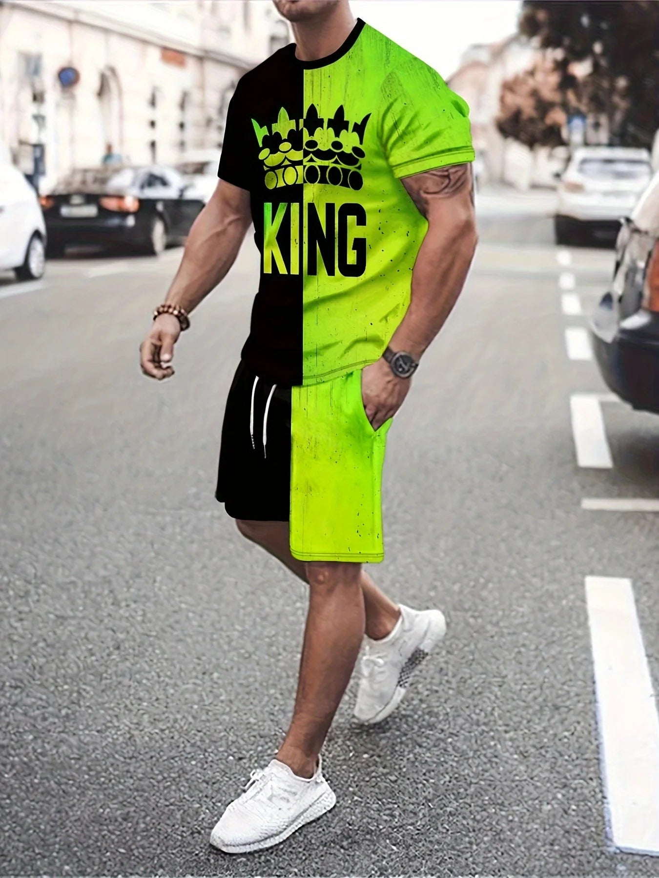 Men's Trendy Round Neck Short Sleeve Two Piece Suit with 3D Digital Printing Pattern