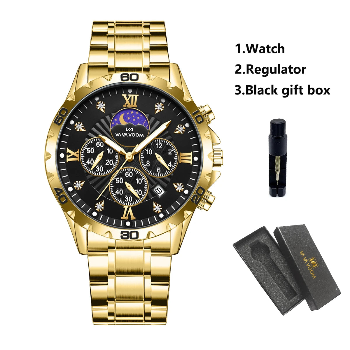 Men's Luxurious Rhinestone Moonlight Quartz Watch Stainless Steel Multifunctional Business
