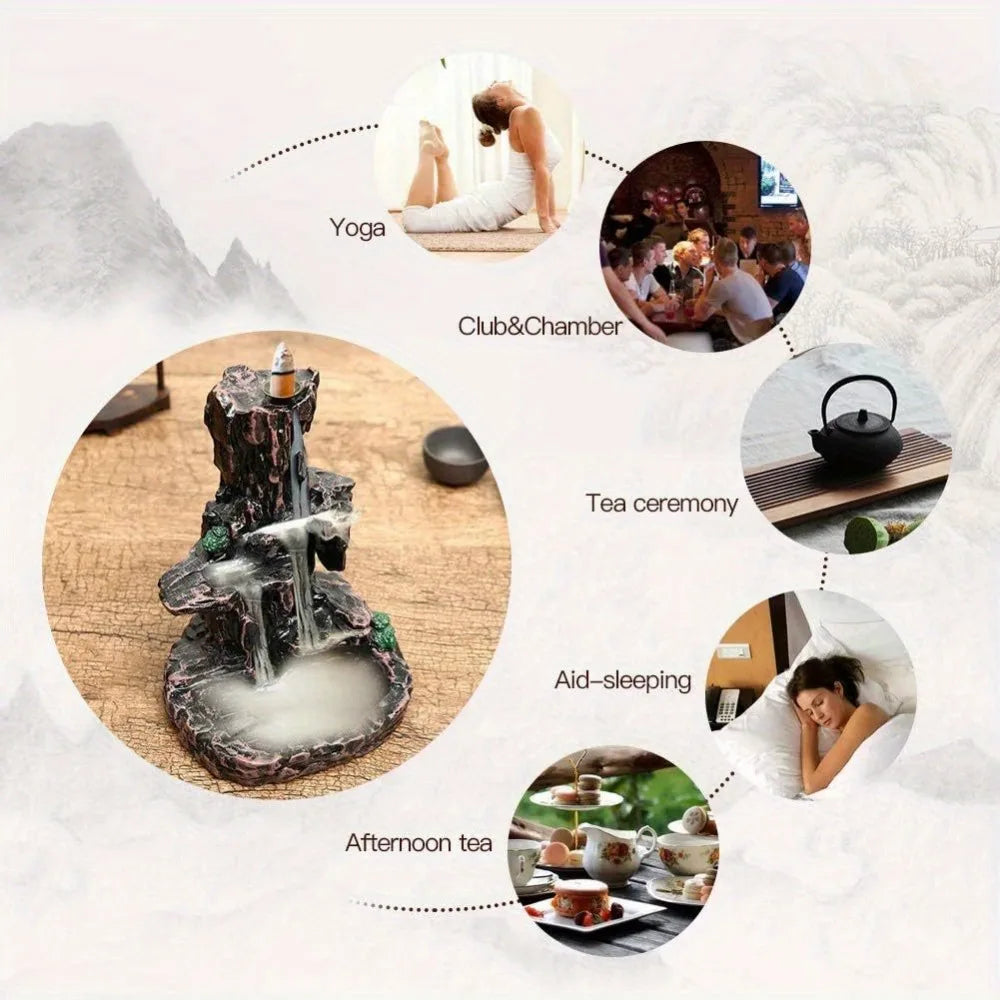 Waterfall Monk Incense Burner Mountain Tower Incense Holders with 120 Backflow Incense Cones + 30 Incense Stick for Home Office
