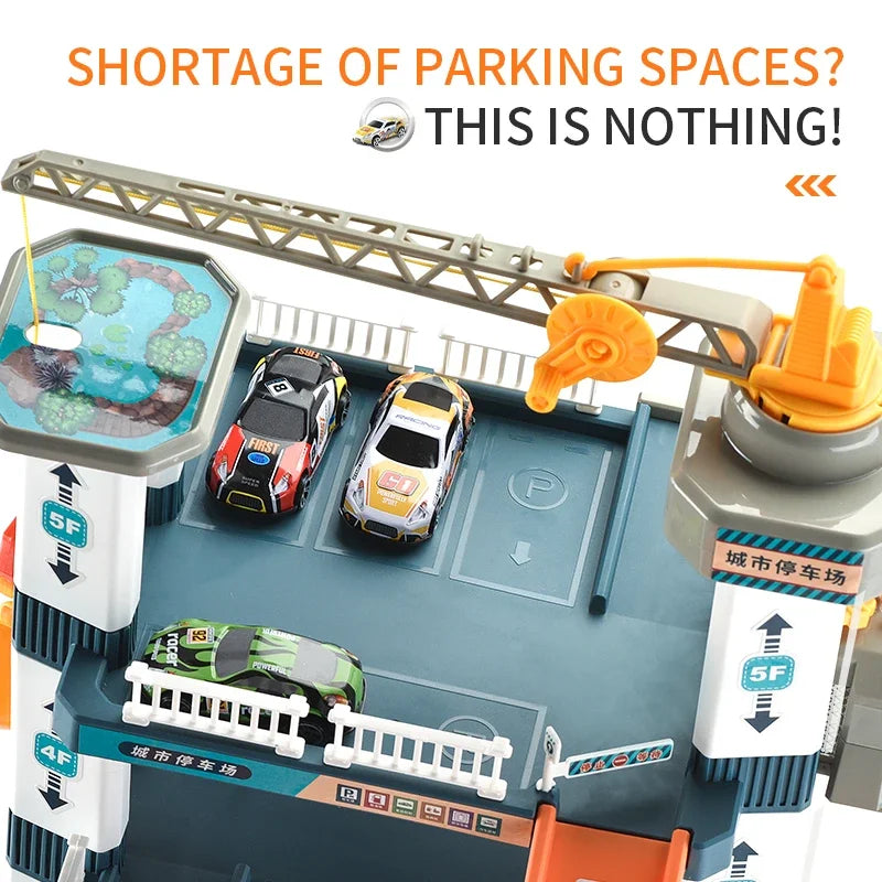 Kids Five-Story Rail Track Parking Building Toy Hand-Cranked Racing Car Adventure Game