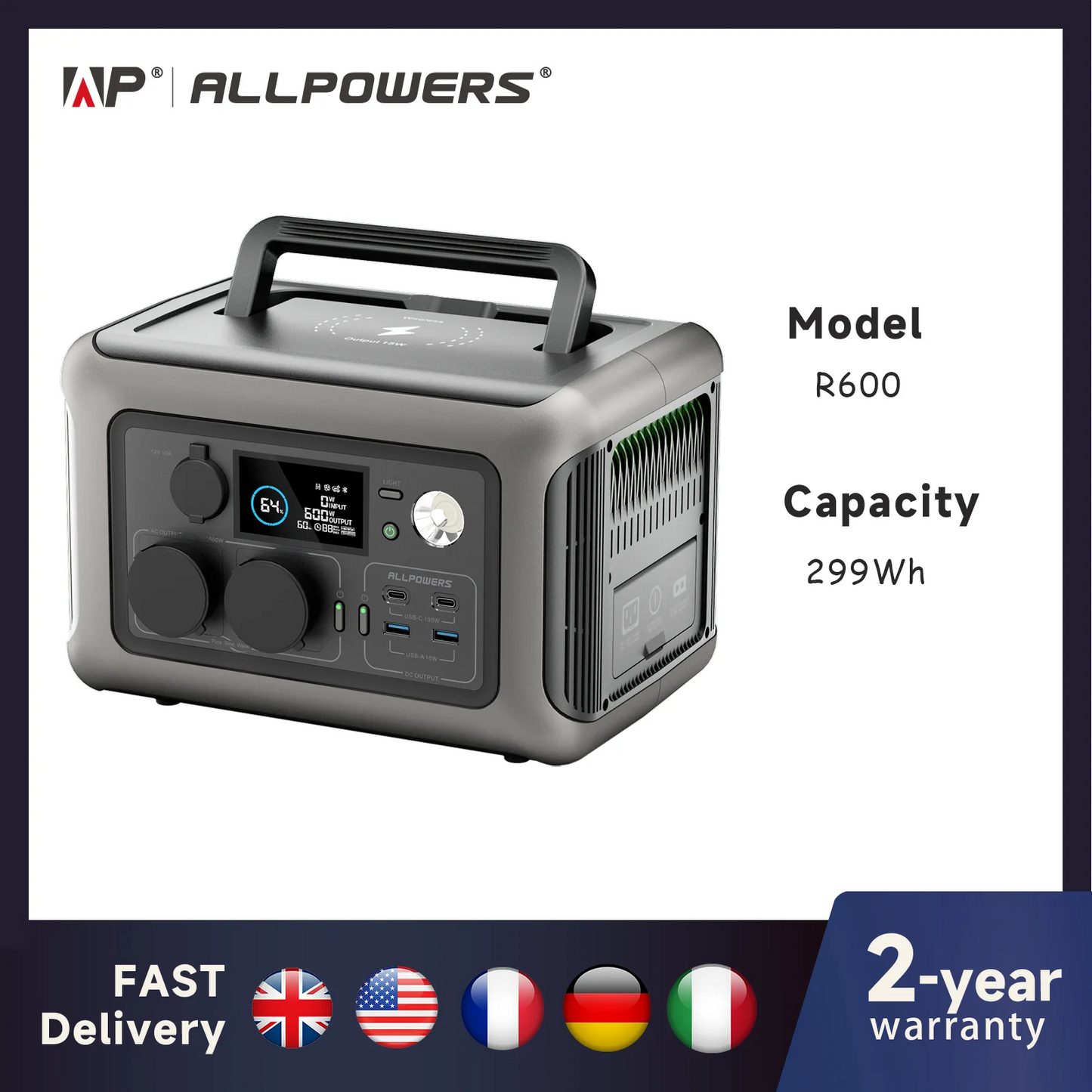 ALLPOWERS Portable Power Station R600 299Wh LiFePO4 Battery with Dual 600W AC Outlets