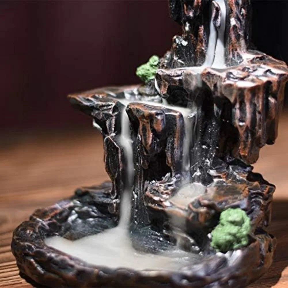 Waterfall Monk Incense Burner Mountain Tower Incense Holders with 120 Backflow Incense Cones + 30 Incense Stick for Home Office