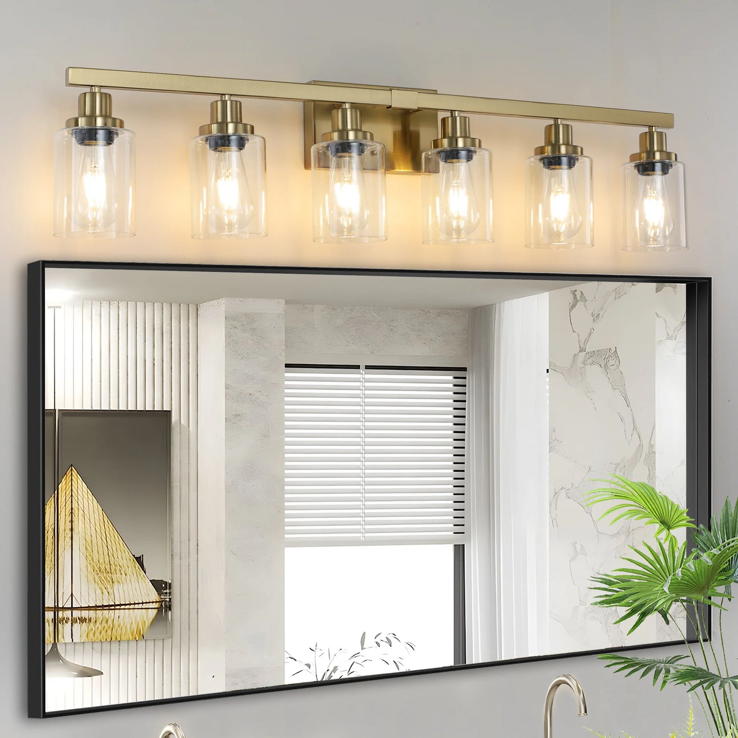 6-Light Bathroom Vanity Light Industrial Metal Fixture with Clear Glass Shades Wall Mount Mirror Lighting for Bathroom (No Bulb)