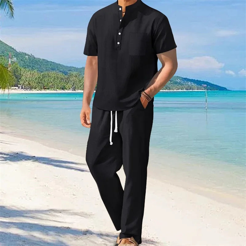 Men's Casual 2 Piece Outfit Short Sleeve Henley Top and Drawstring Pants Set