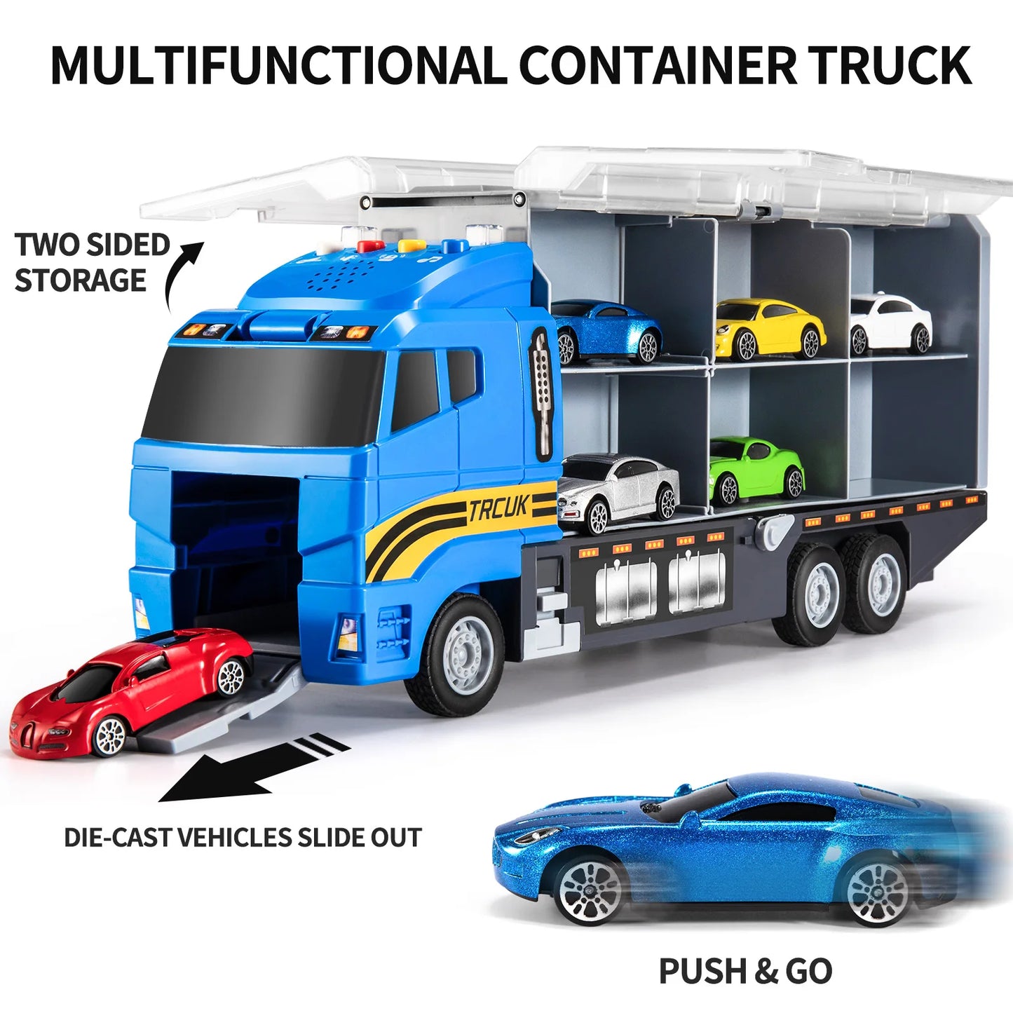Kids Transport Truck Fire Cars Toy Set with Play Mat and 6 Mini Vehicle Gifts