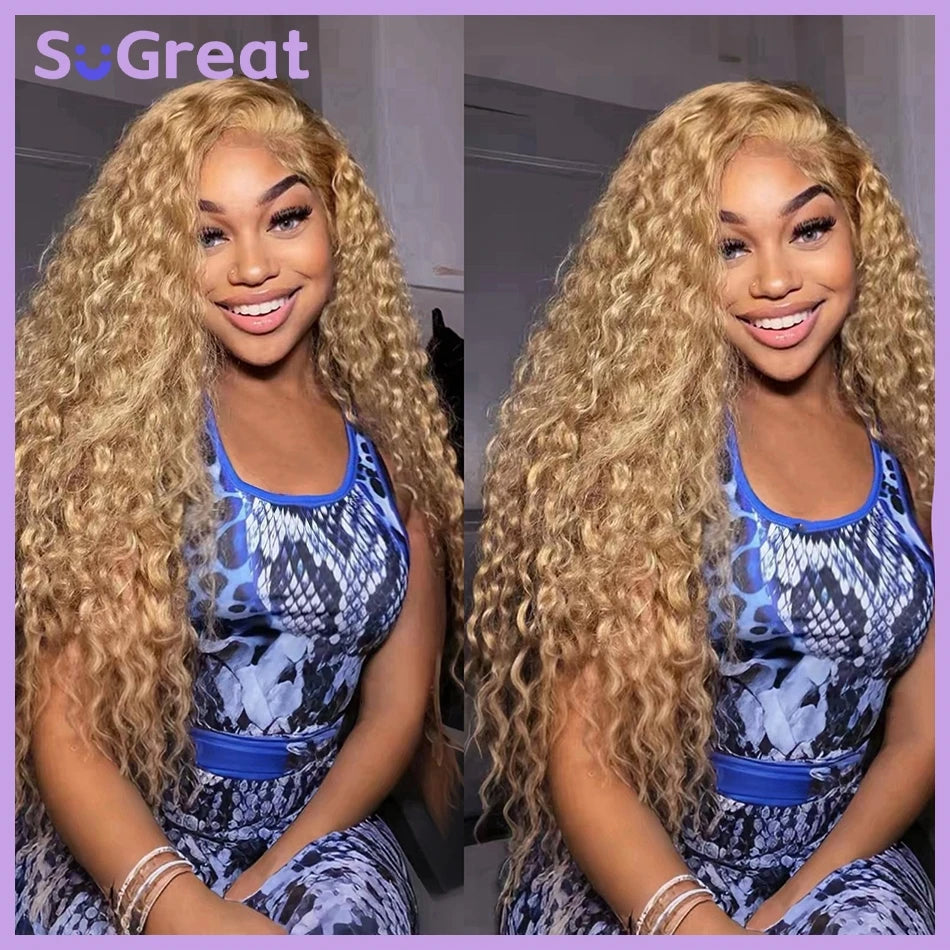 Honey Blonde Deep Wave Lace Front Wig 30 Inch Human Hair Curly Wig for Women