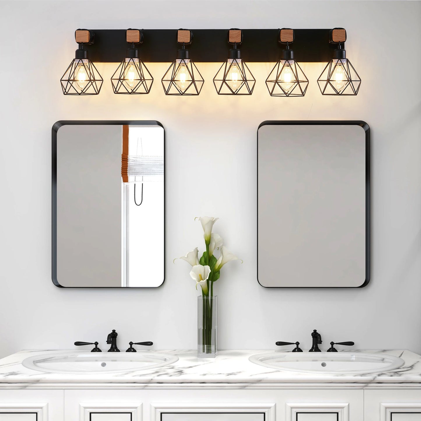 Vanity Wall Light | Cage Farmhouse Geometric Style | Black Iron Metal | E26 Bulb Socket | Ideal for Bathroom, Hallway, Bedroom