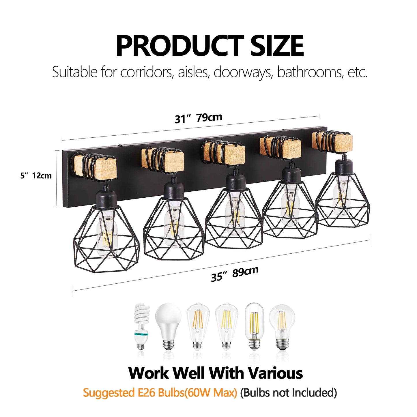 Vanity Wall Light | Cage Farmhouse Geometric Style | Black Iron Metal | E26 Bulb Socket | Ideal for Bathroom, Hallway, Bedroom