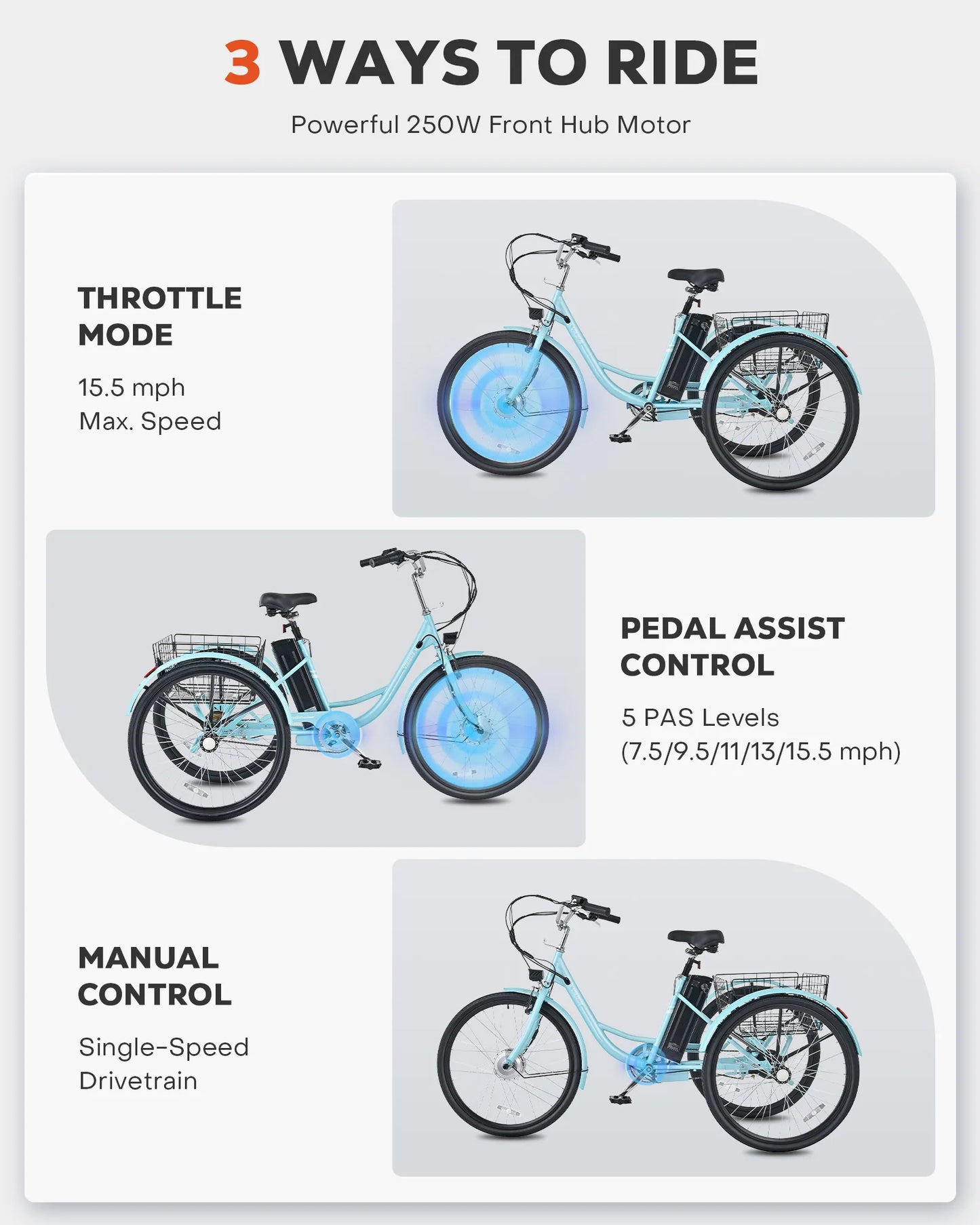 Electric Tricycle for Adults with 250W Motor and 36V Battery 3 Wheel Electric Bicycle