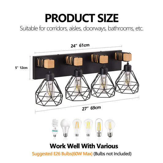 Vanity Wall Light | Cage Farmhouse Geometric Style | Black Iron Metal | E26 Bulb Socket | Ideal for Bathroom, Hallway, Bedroom