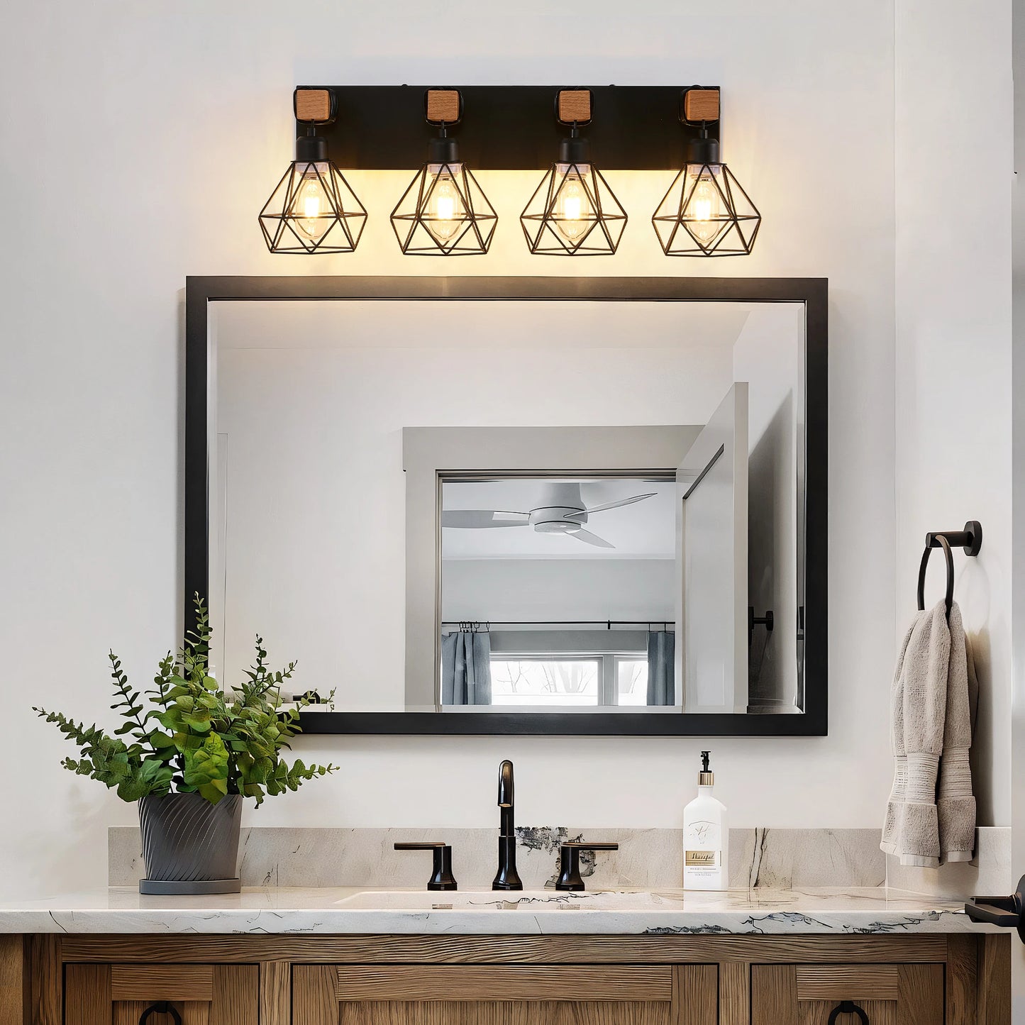 Vanity Wall Light | Cage Farmhouse Geometric Style | Black Iron Metal | E26 Bulb Socket | Ideal for Bathroom, Hallway, Bedroom