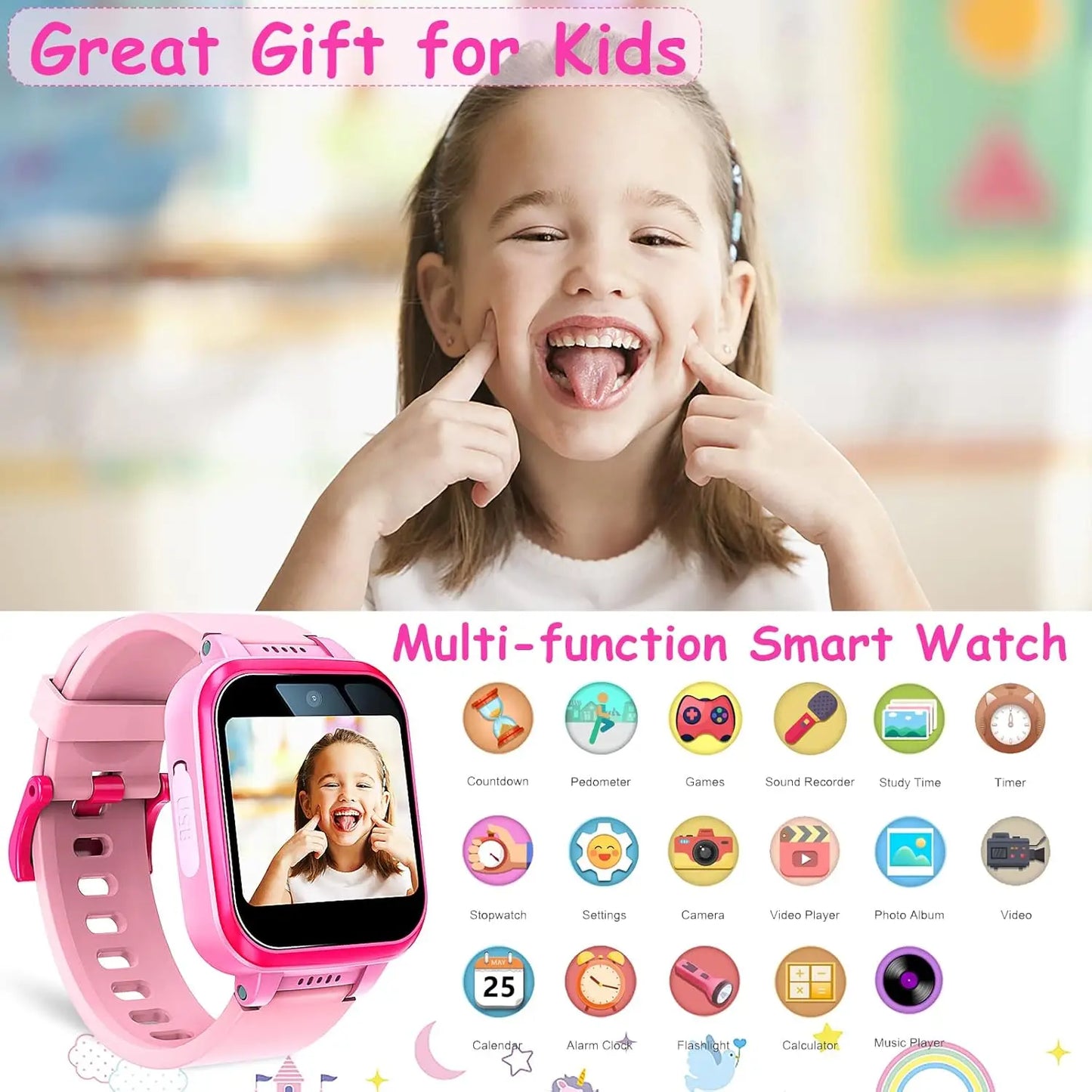 Kids Smart Watch with Rotatable Camera Touch Screen Music Pedometer and Games