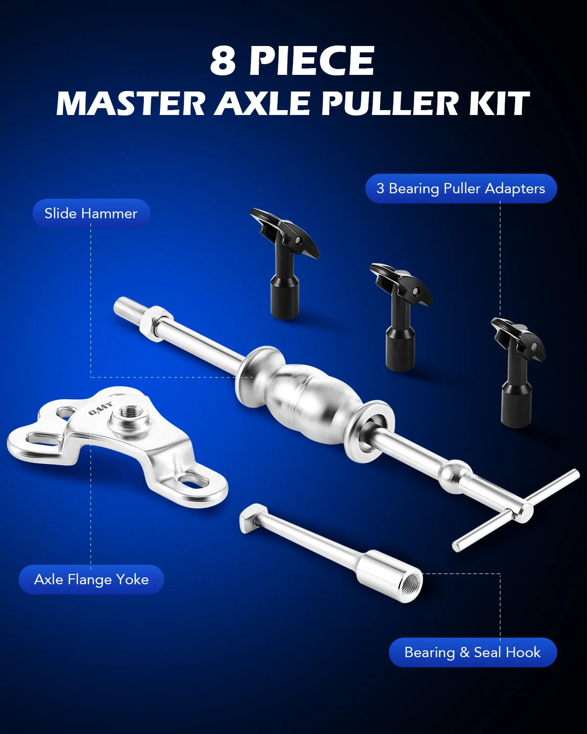 OMT 8 Piece Rear Axle Seal Bearing Puller Set with Slide Hammer and Yoke Hook Adapters
