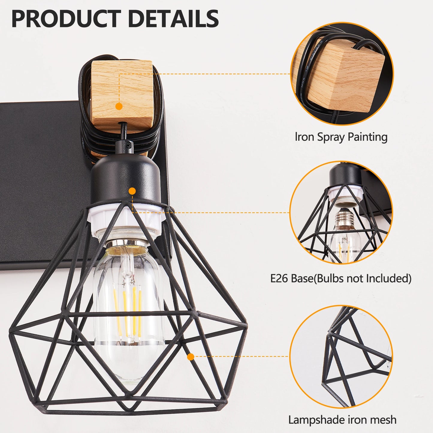 Vanity Wall Light | Cage Farmhouse Geometric Style | Black Iron Metal | E26 Bulb Socket | Ideal for Bathroom, Hallway, Bedroom