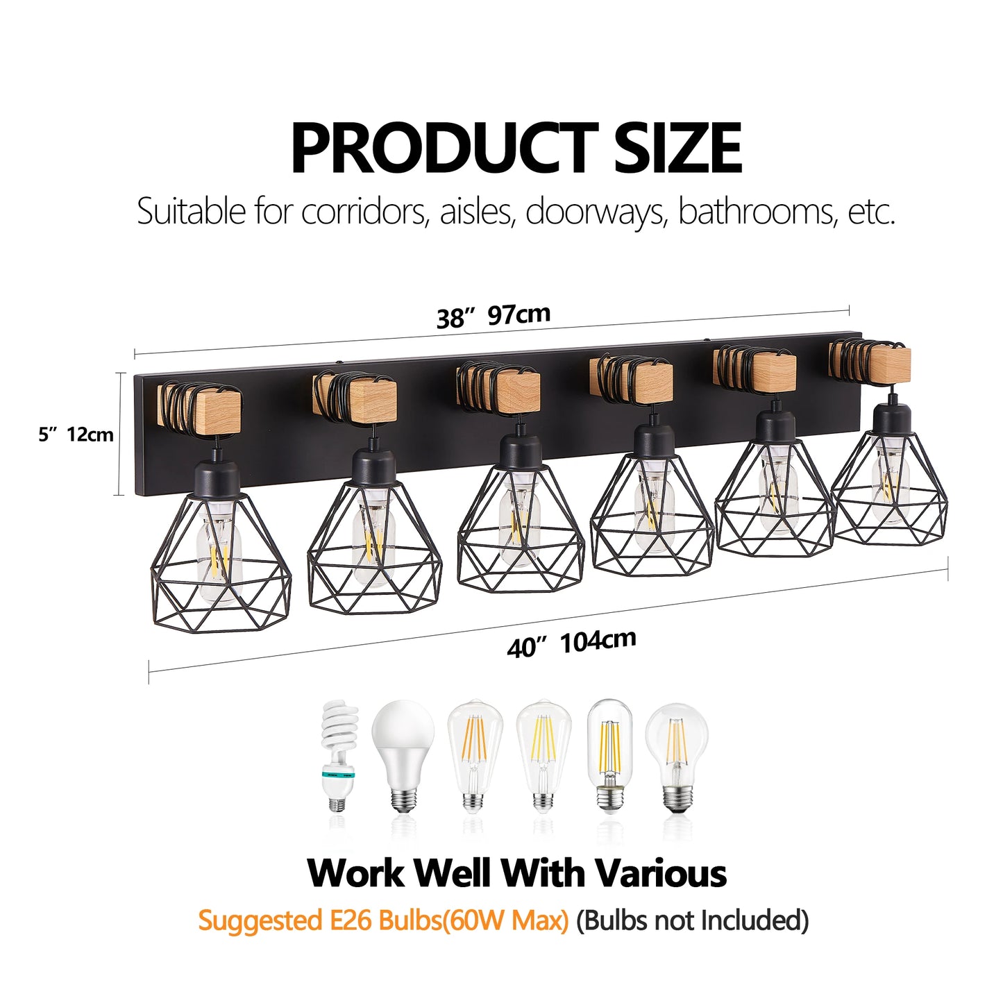 Vanity Wall Light | Cage Farmhouse Geometric Style | Black Iron Metal | E26 Bulb Socket | Ideal for Bathroom, Hallway, Bedroom