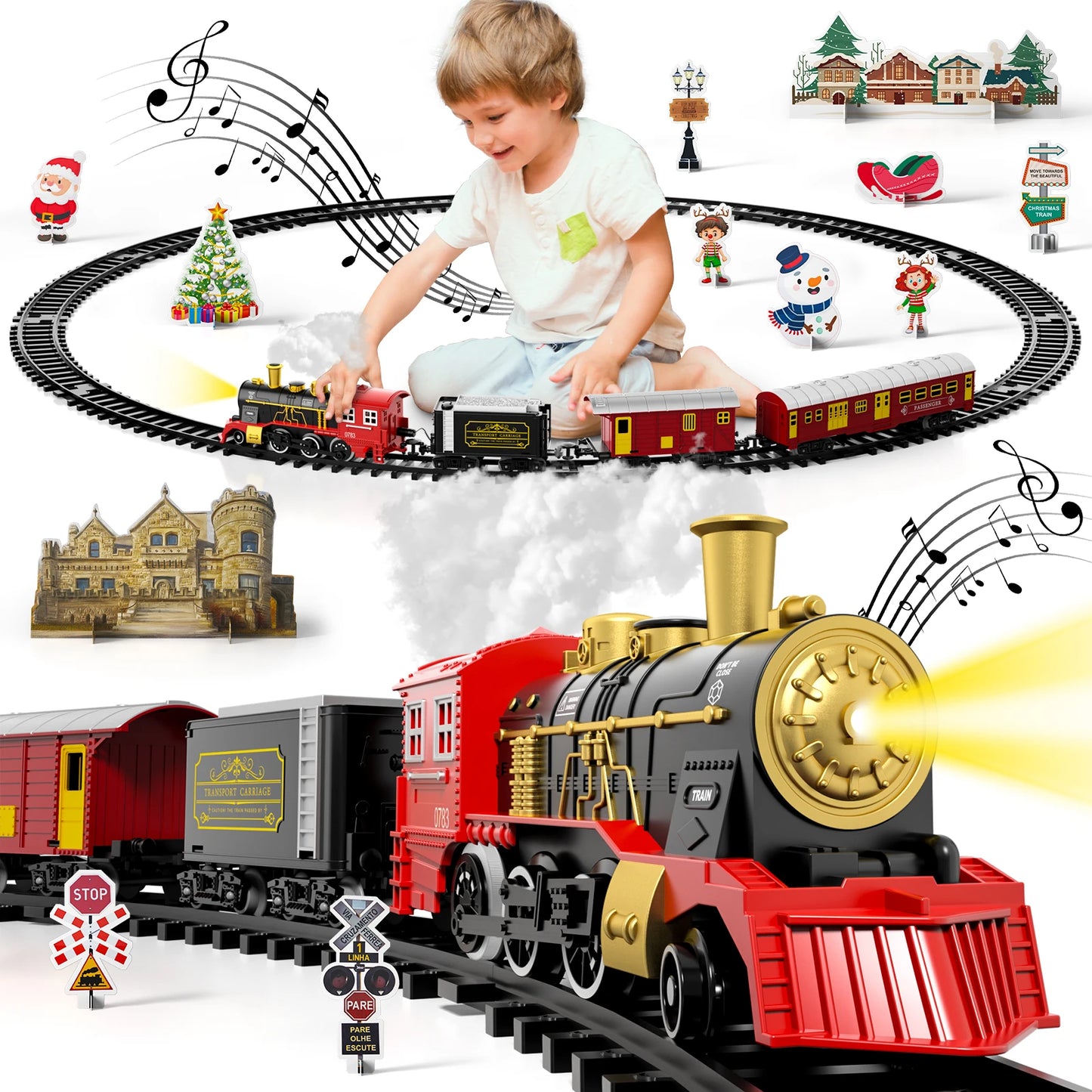 Electric Train Set for Kids Classic Christmas Toy Steam Locomotive with Lights and Sound