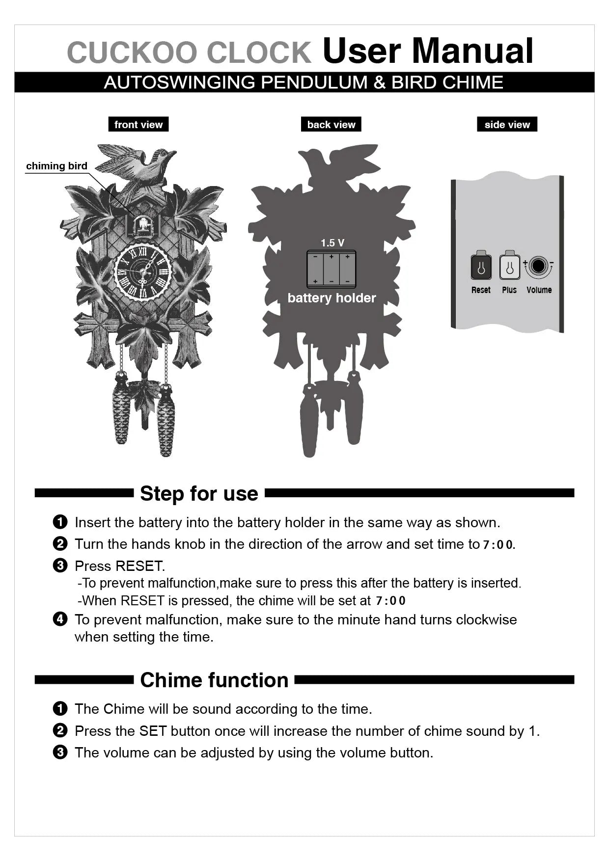 Antique Forest Cuckoo Clock – Silent Pendulum, Adjustable Sound, Deer, Rabbit, and Bird Design