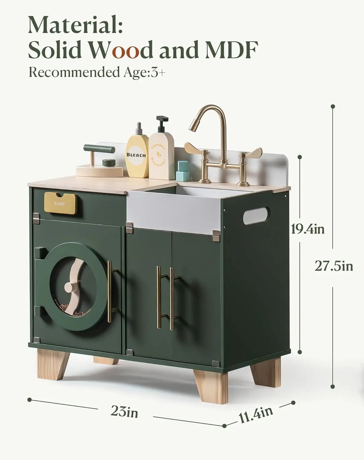 Robotime Wooden Vintage Green Washing Machine Playset for Kids Kitchen Pretend Play