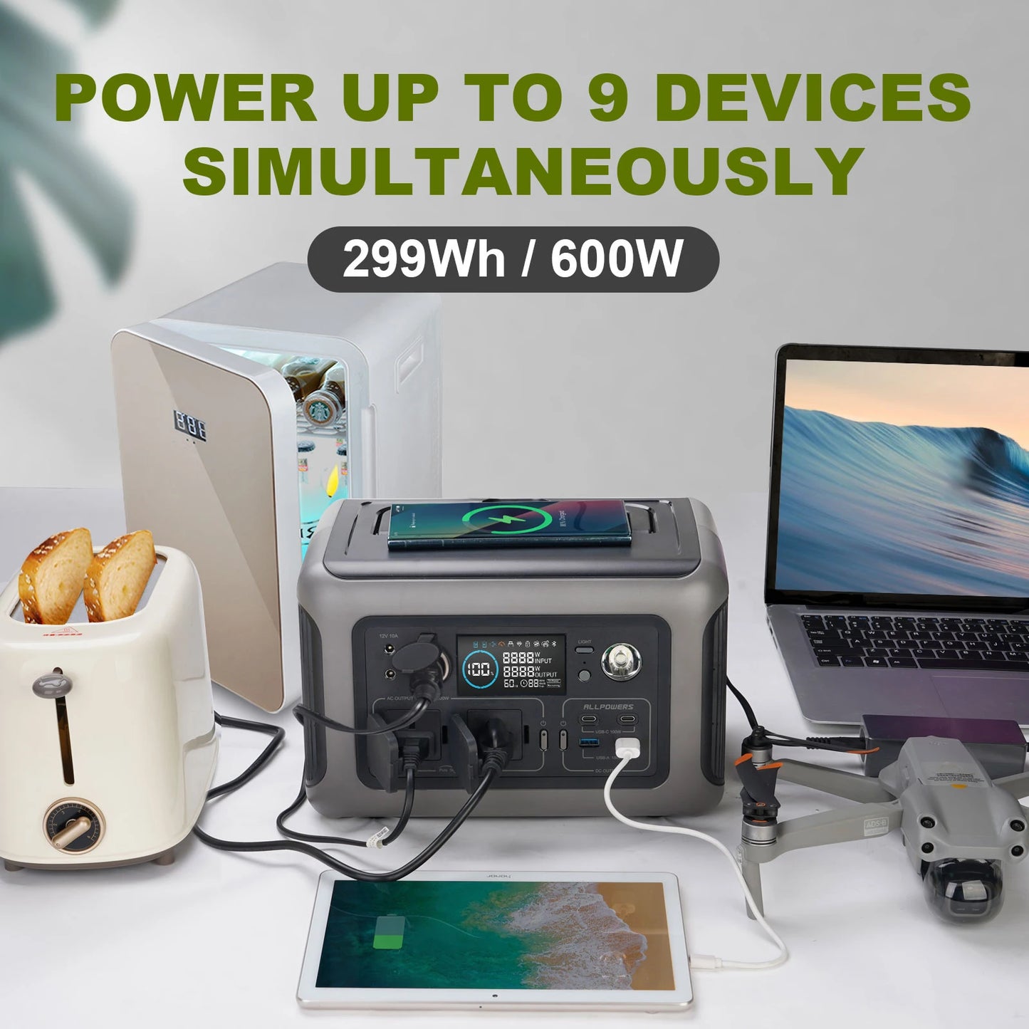 ALLPOWERS Portable Power Station R600 299Wh LiFePO4 Battery with Dual 600W AC Outlets