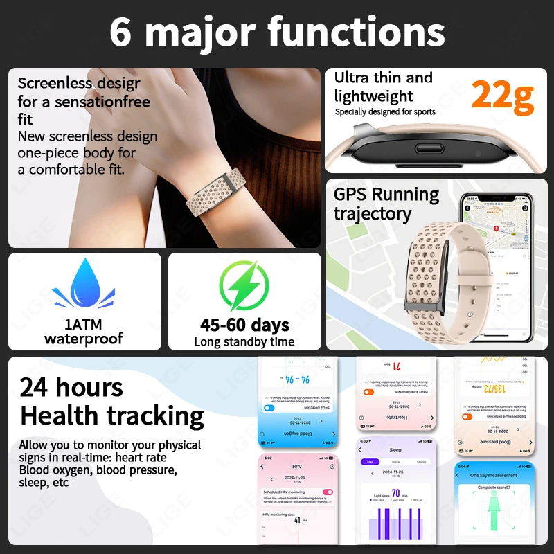 LIGE No Screen Smart Watch 20 Day Battery Life Blood Oxygen Pressure Monitoring Bracelet