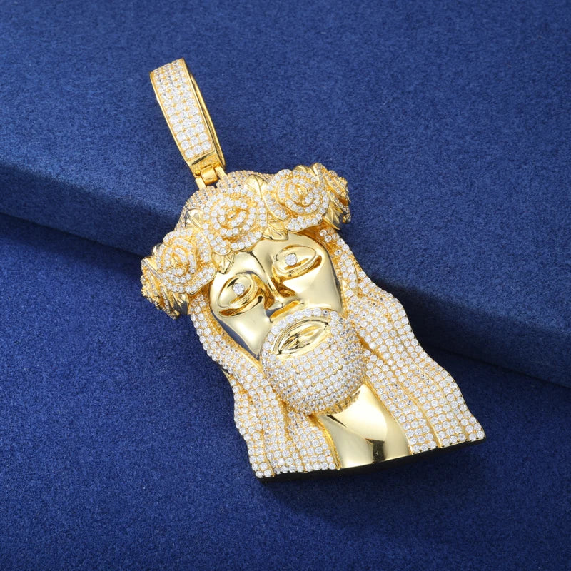Iced Out VVS Moissanite Jesus Head Pendant Necklace in 925 Sterling Silver for Men and Women