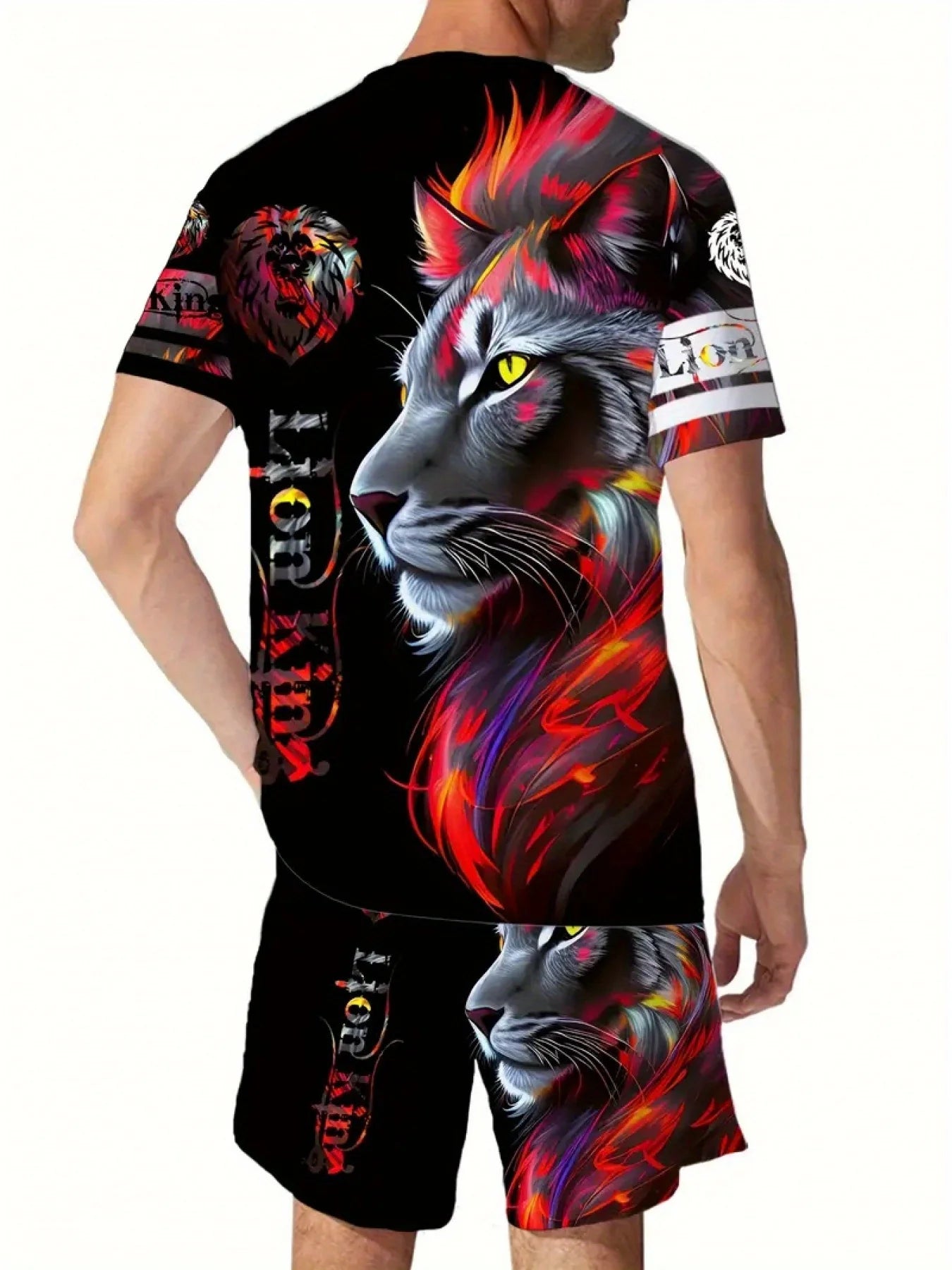 Men's Trendy Round Neck Short Sleeve Two Piece Suit with 3D Digital Print for Summer