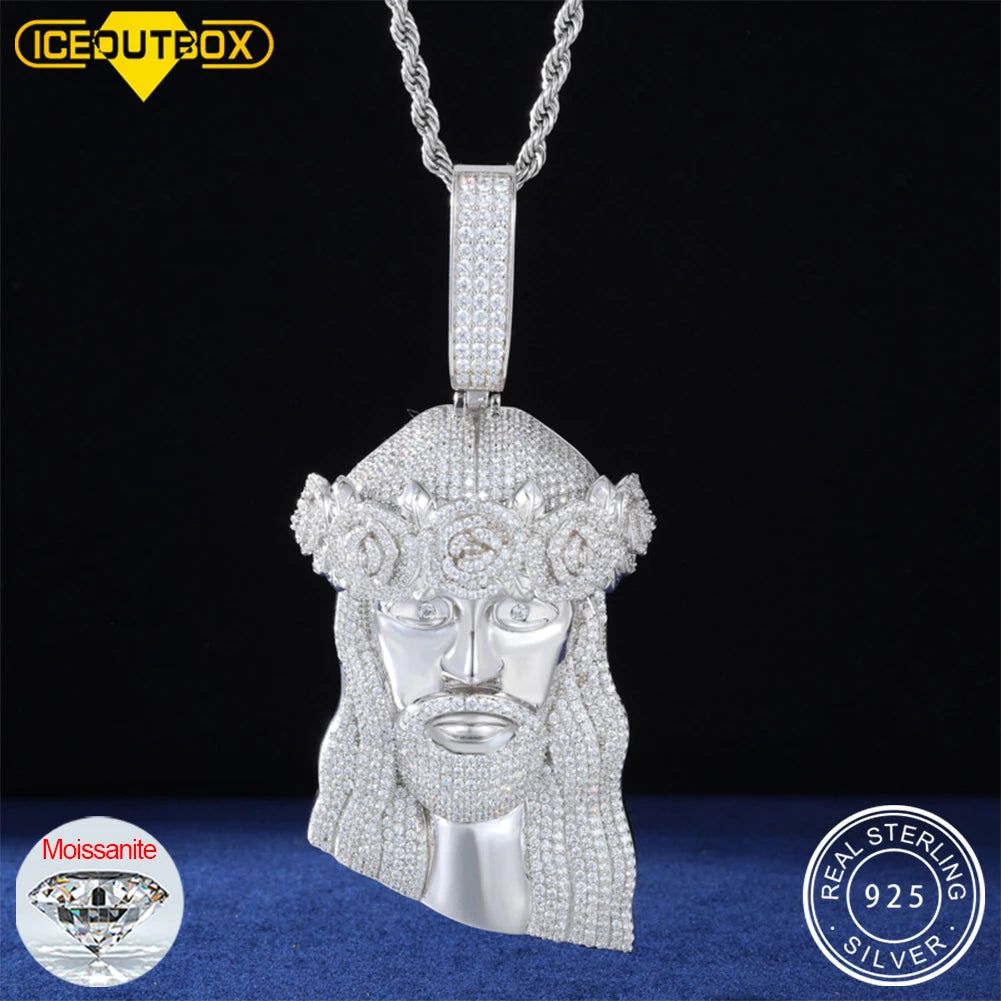Iced Out VVS Moissanite Jesus Head Pendant Necklace in 925 Sterling Silver for Men and Women
