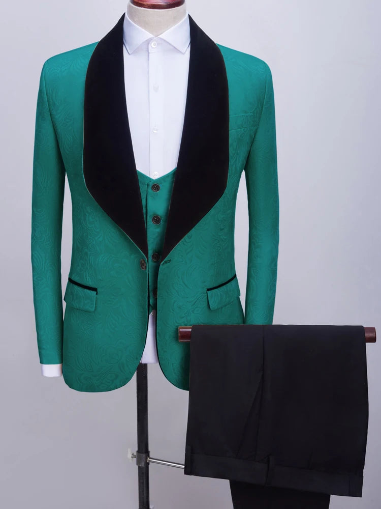Mens 3 Piece Floral Tuxedo Slim Fit Jacquard Suit Set for Prom and Wedding Events