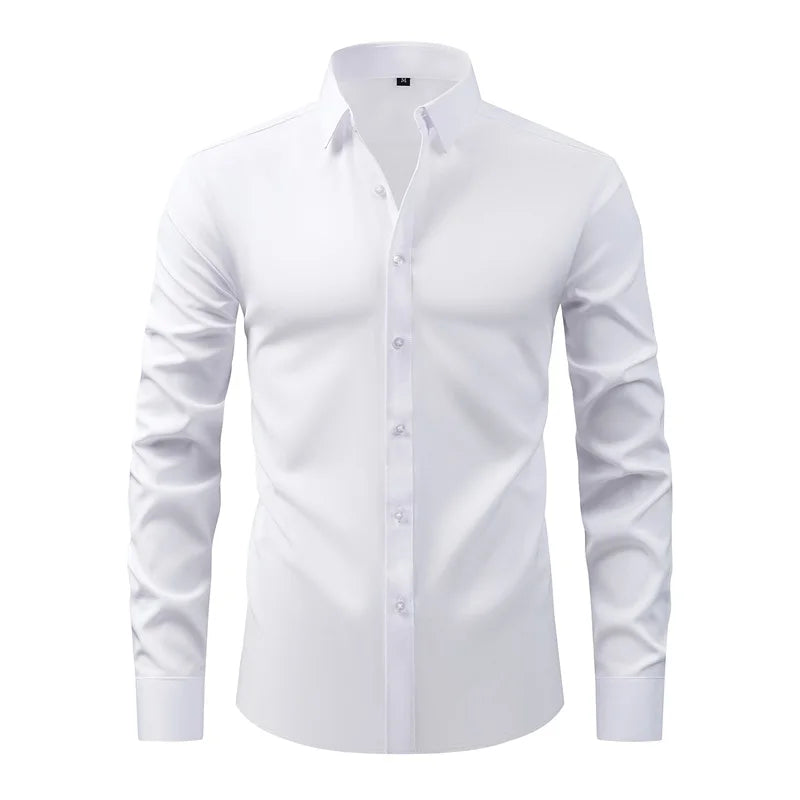 Men's Classic Button-Down Long Sleeve Shirt Solid Color Casual Business Top for Spring