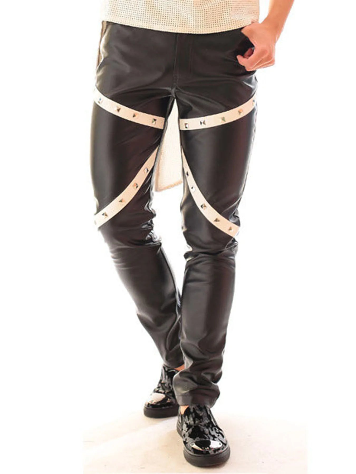Men's Gothic Rock Punk Biker Slim Faux Leather Studded Stretch Pants for Dance Parties