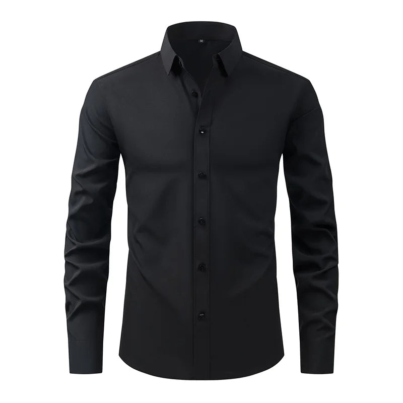 Men's Classic Button-Down Long Sleeve Shirt Solid Color Casual Business Top for Spring