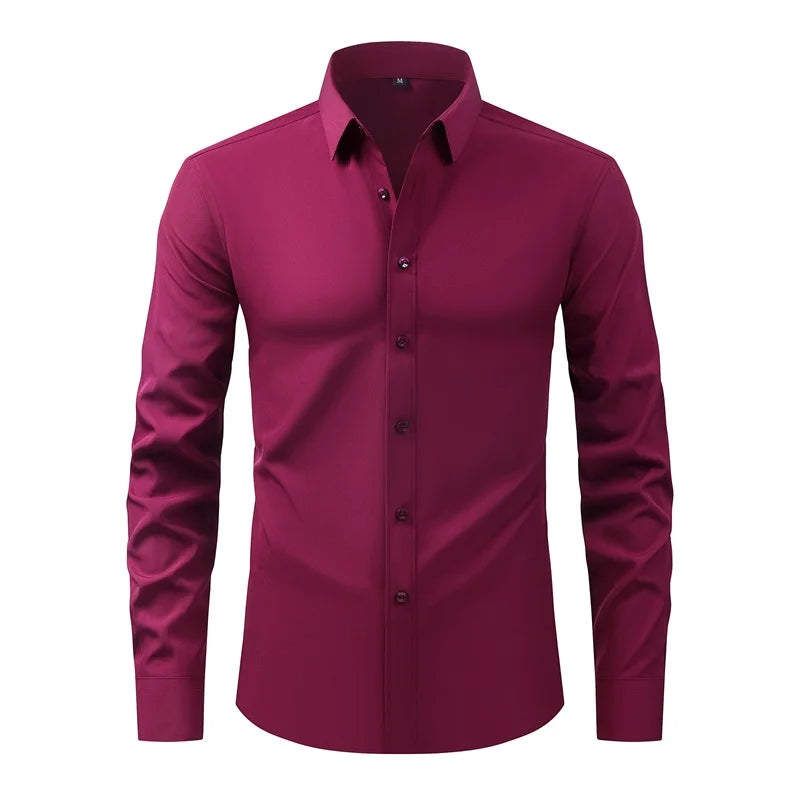 Men's Classic Button-Down Long Sleeve Shirt Solid Color Casual Business Top for Spring