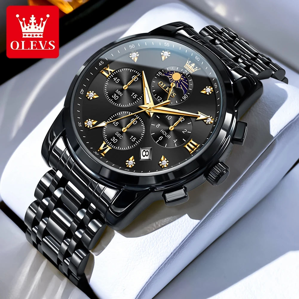 OLEVS Luxury Men's Moon Phase Chronograph Quartz Watch Gold Stainless Steel Luminous