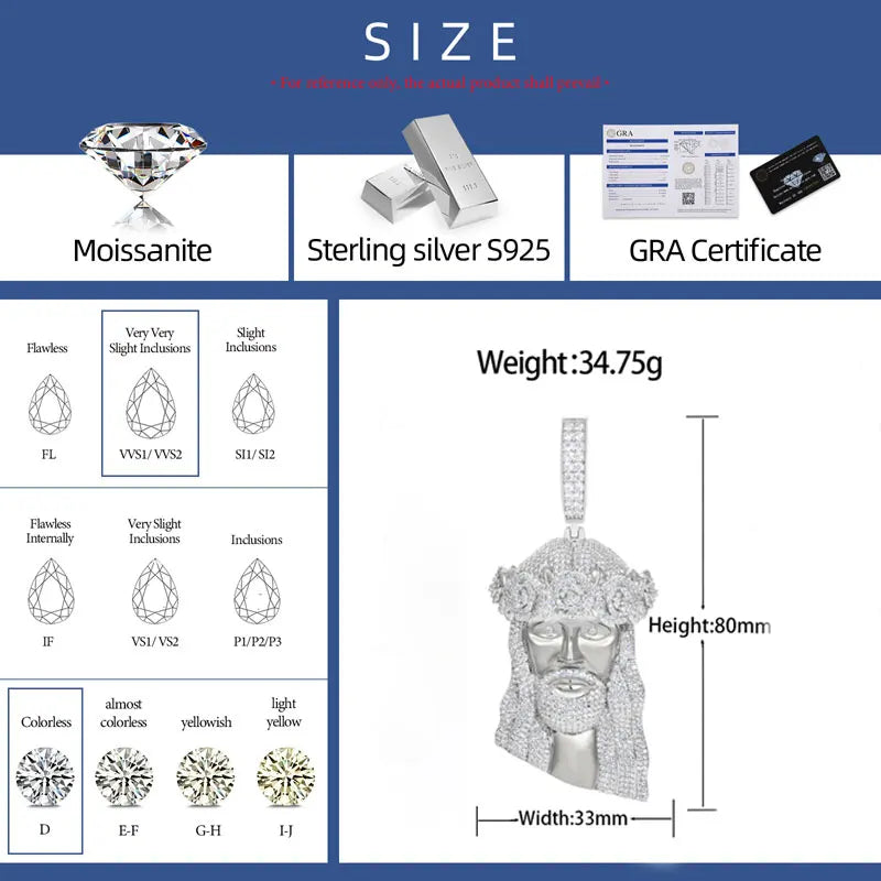 Iced Out VVS Moissanite Jesus Head Pendant Necklace in 925 Sterling Silver for Men and Women