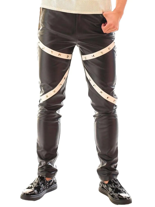 Men's Gothic Rock Punk Biker Slim Faux Leather Studded Stretch Pants for Dance Parties