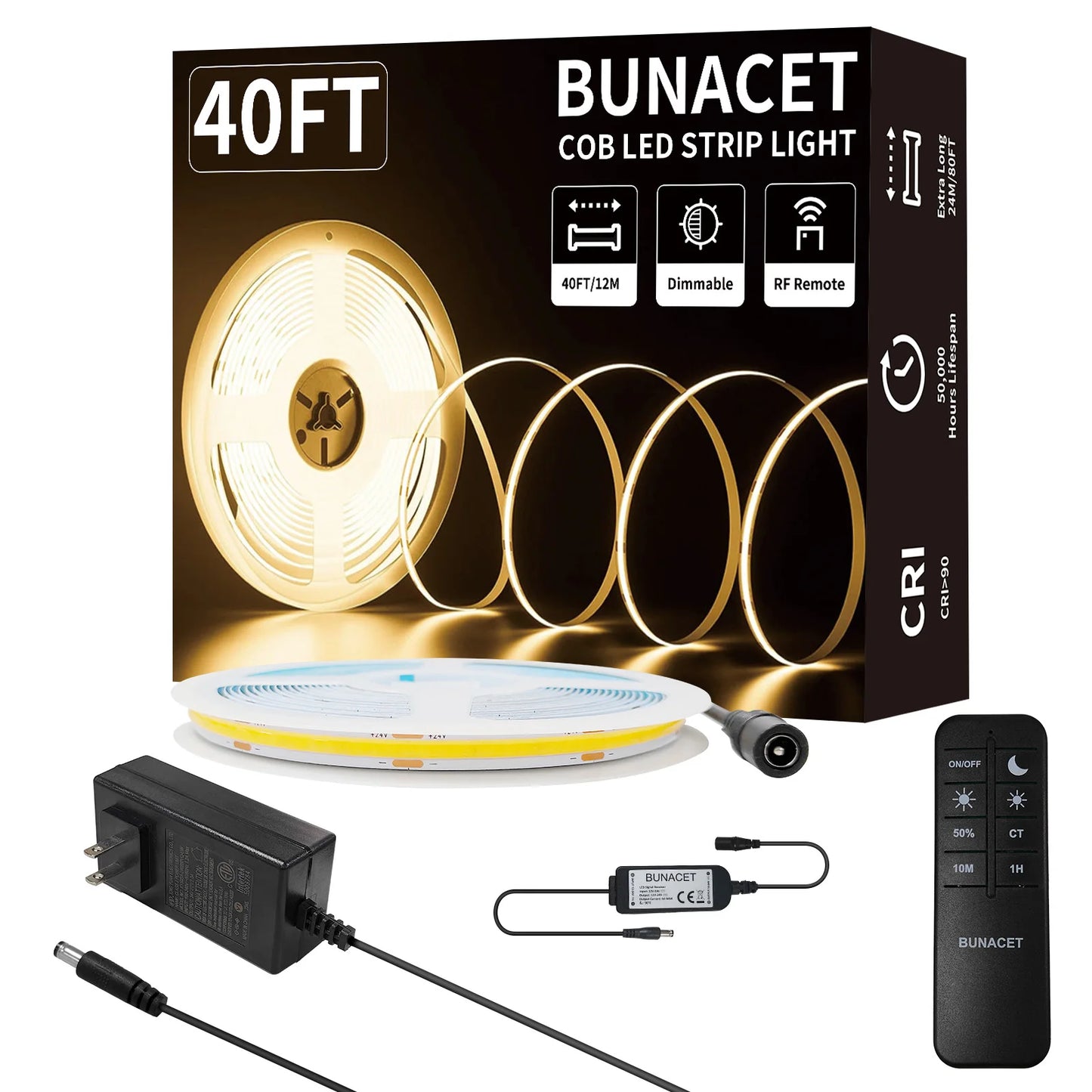 COB LED Strip Light 40ft/12m (1 Roll) Warm White 3000K High Lumen CRI 90+ with UL Listed RF Remote LED Strip for Bedroom Kitchen