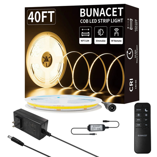 COB LED Strip Light 40ft/12m (1 Roll) Warm White 3000K High Lumen CRI 90+ with UL Listed RF Remote LED Strip for Bedroom Kitchen