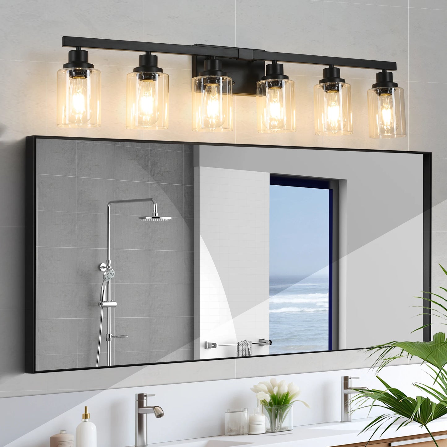 6-Light Bathroom Vanity Light Industrial Metal Fixture with Clear Glass Shades Wall Mount Mirror Lighting for Bathroom (No Bulb)
