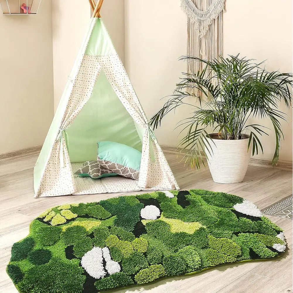 Cute Green Moss Bathroom Runner Rug Shaggy Non Slip Bath Mat Absorbent Shower Carpet Plush Leaf Design Multi Purpose Home Decor