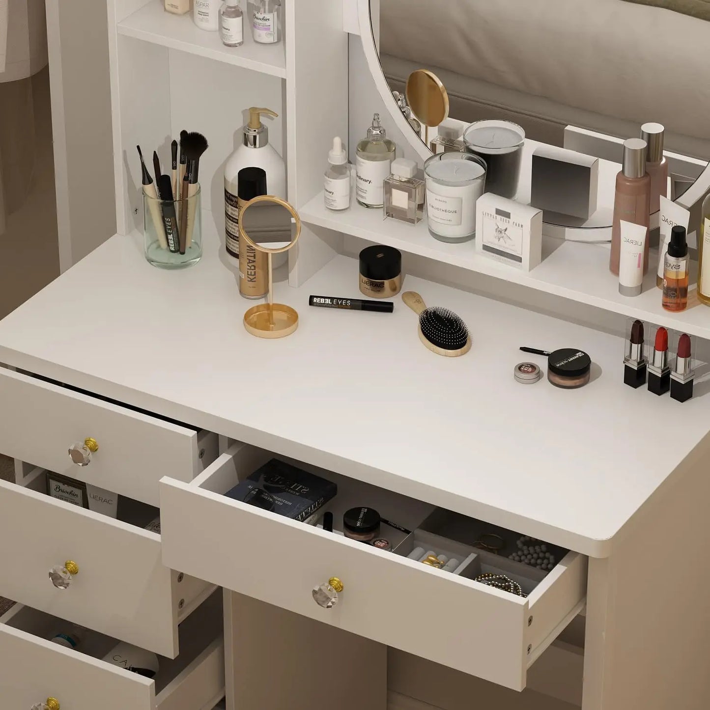 Vanity Desk Set with Round Mirror, Makeup Dressing Table with 5 Drawers, Storage Shelves & Cushioned Stool for Bedroom, White