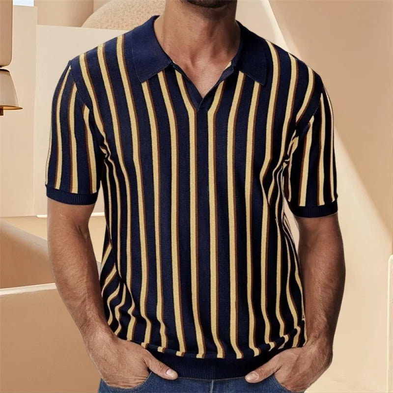 Men's Fit Striped Knit Shirt with Lapel V Neck - Stylish Summer Streetwear Top