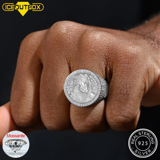 S925 Moissanite Jesus Head Ring for Men and Women Fashion Religious Amulet Jewelry