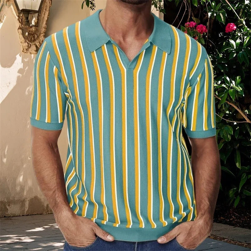 Men's Fit Striped Knit Shirt with Lapel V Neck - Stylish Summer Streetwear Top