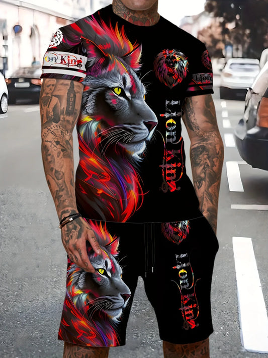 Men's Trendy Round Neck Short Sleeve Two Piece Suit with 3D Digital Print for Summer