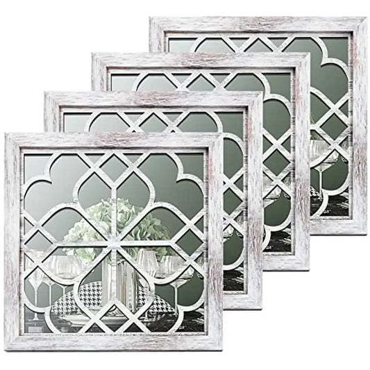 4-Pack Square White Decorative Mirrors Farmhouse Wall Decor Rustic Vintage Look 12x12 Inch MDF Frame Easy to Hang Ideal Living